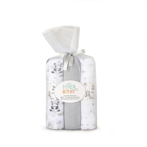 Lange Gaz de Coton Panda gris Pack de 3