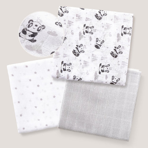 Lange Gaz de Coton Panda gris Pack de 3