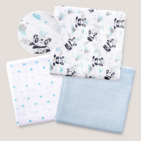 Lange Gaz de Coton Panda bleu Pack de 3